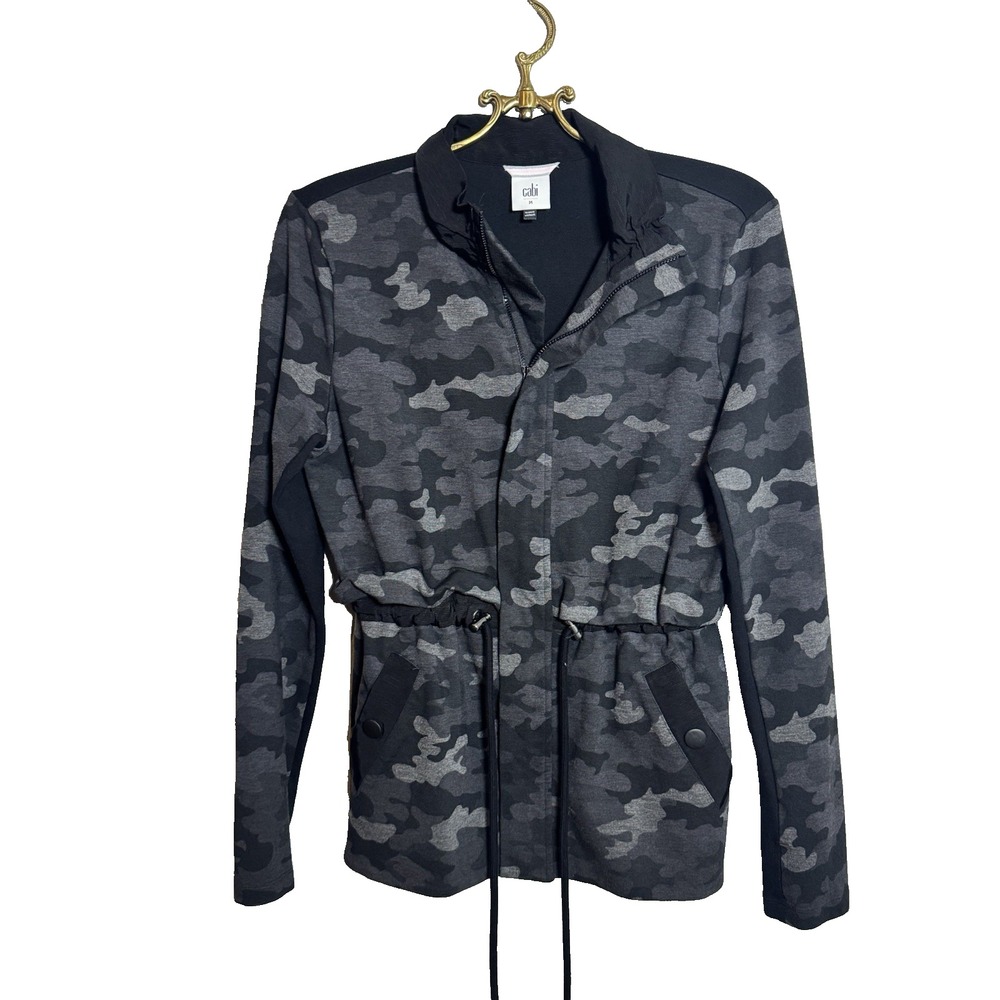 Cabi Shadow Jacket Womens Medium Gray Black Camo Full Zip Drawstring Waist 3911